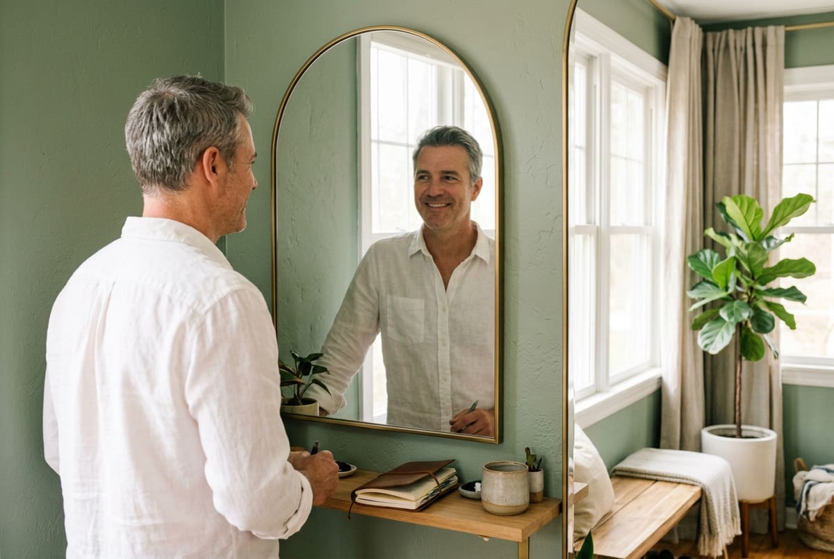 Image générée : un homme d'une cinquantaine d'années souriant devant un miroir arqué