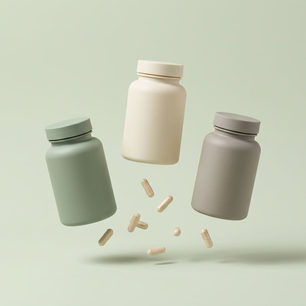 Trois pots de compléments sans étiquette, vert sauge, crème et gris