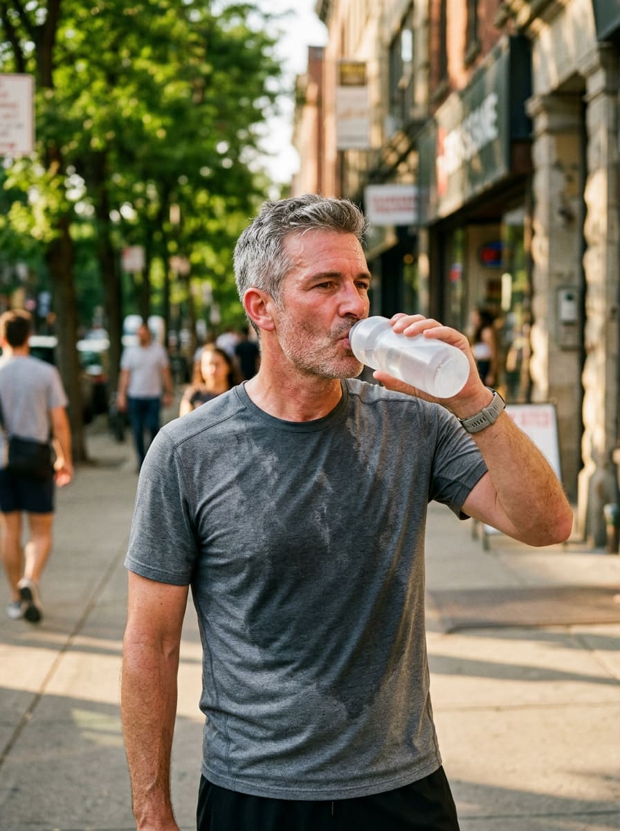 Personne qui boit de l'eau après une séance de sport