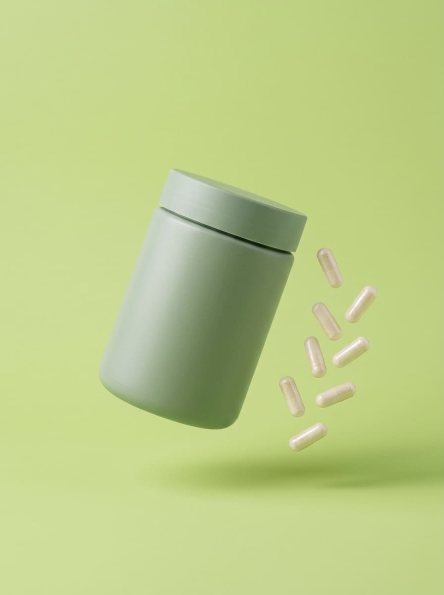 Pot de compléments vert sauge, sans étiquette, d'où tombent des gélules