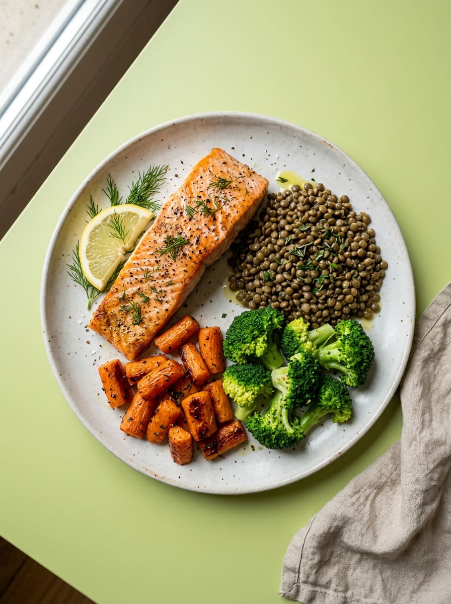 Assiette de saumon, lentilles, carottes et brocolis sur fond vert